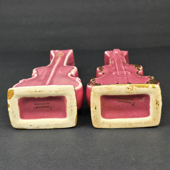 Vintage Pink Violin Bud Vases Set 2 22K Gold Trim 9" MCM Decor - Picture 9 of 9